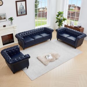 QHITTY Juego de Sofás 3 Piezas Chesterfield Moderno Cuero Azul
