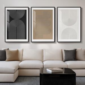 Set 3 impresiones abstractas geométricas negro, blanco, marrón con marco