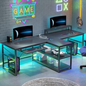 SEDETA Escritorio Doble 94.5" Con Carga USB Con LED Con Almacenamiento, Negro