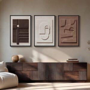 Set 3 arte abstracto textura 3D blanco, marrón, 20 x 30" con marco
