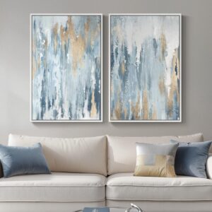 Set 2 lienzos abstractos azul y dorado, blanco con marco