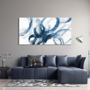 Lienzo abstracto azul, 29 x 58" con marco