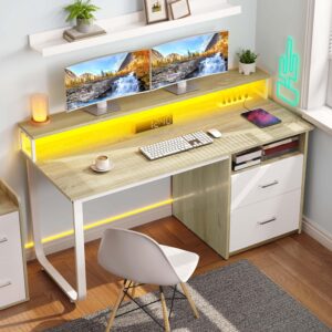 YITAHOME Escritorio para Computadora 55" Con Cajones Con Carga USB Con LED, Roble
