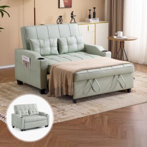 Sofá Cama Futón Plegable Biplaza Piel Sintética Verde USB Portavasos