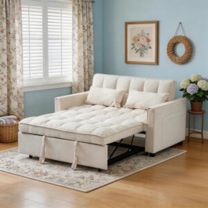 Sofá Cama Futón 3 En 1 Extraíble Biplaza Beige Respaldo Ajustable Almacenamiento