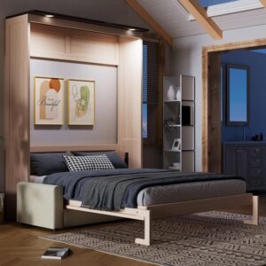 Cama Murphy Con Sofá Plegable Queen Beige Almacenamiento LED Marco Madera