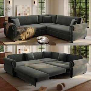 Sofá Cama Seccional Forma L Extraíble 88.2 Pulgadas Felpilla Gris
