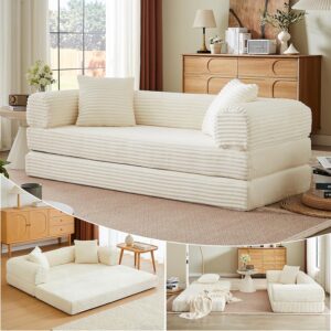 Sofá Cama Futón Plegable 78 Pulgadas Pana Blanco Asiento Profundo Sin Estructura