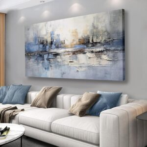 VHMING Lienzo abstracto azul y gris, blanco, 29 x 58"