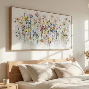 Lienzo enmarcado floral moderno azul, amarillo, rosa, 20 x 40"