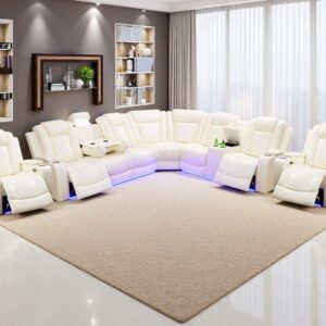 Sofá Seccional Beige Respaldo Ajustable Almacenamiento Portavasos