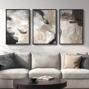 Set 3 lienzos abstractos beige, negro, marrón con marco