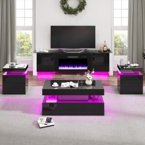 VanAcc Juego Sala Soporte TV Chimenea LED Alto Brillo Negro