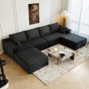 Sofá Cama Seccional Forma U 139.4 Pulgadas 6 Plazas Pana Chaise Otomana Sin Montaje