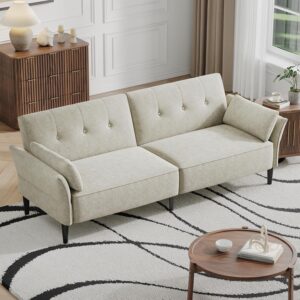 Sofá Cama Futón 89 Pulgadas Biplaza Terciopelo Blanco Reposabrazos Ajustables