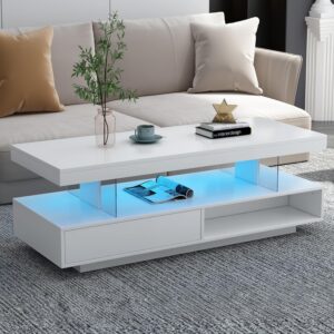 Mesa Auxiliar LED Alto Brillo Almacenamiento Cajones Blanco
