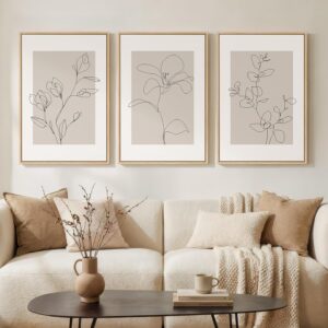 Set 3 lienzos minimalistas contemporáneos floral botánico beige con marco
