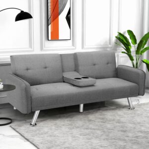 Sofá Cama Futón Biplaza Gris Portavasos