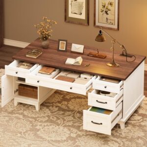 GarveeHome Escritorio Ejecutivo 60" Con Cajones Con Archivador Con Carga USB, Blanco
