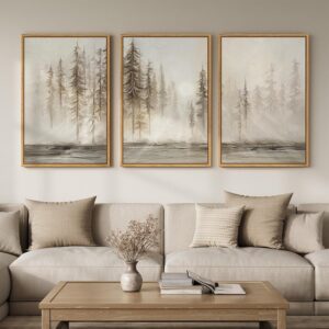 Set 3 arte abstracto paisaje bosque de pinos beige, 24 x 36" con marco