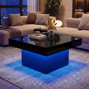 GOFLAME Mesa Auxiliar Cuadrada Madera LED Alto Brillo Negro