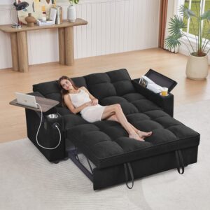 Sofá Cama Extraíble 66 Pulgadas Almacenamiento USB Mesa Auxiliar Marco Madera