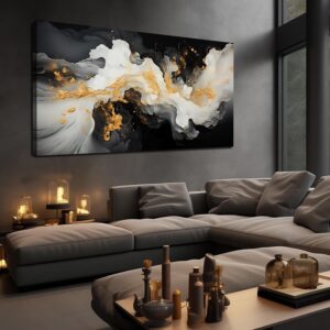 JuhaiArt Lienzo abstracto negro, blanco, 29 x 59"