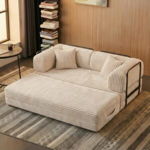 Sofá Cama Futón Biplaza Pana Beige Sin Estructura