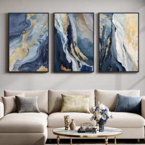 Set 3 lienzos abstractos azul y dorado, 24 x 36" con marco