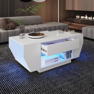 HedoAjim Mesa de Centro Rectangular Madera LED Alto Brillo