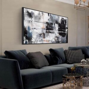 Arte abstracto blanco y negro, 24 x 48" con marco