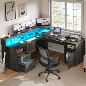 YITAHOME Escritorio en L 60" Con Cajones Con Archivador Con Carga USB Con LED, Gris
