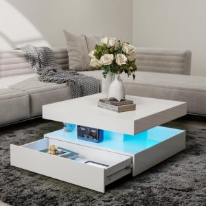 Mesa Auxiliar Cuadrada LED Alto Brillo 2 Niveles Blanco