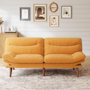 Sofá Cama Futón 66 Pulgadas Biplaza Pana Amarillo Reposabrazos Ajustables
