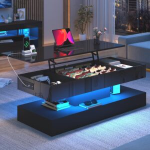 Mesa de Centro LED Tapa Elevable Almacenamiento Negro 47.2"