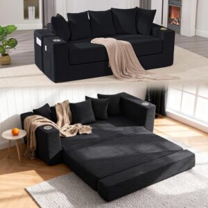 Sofá Cama Futón 2 En 1 Plegable 82.3 Pulgadas Biplaza Pana Almacenamiento Portavasos