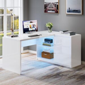 Tribesigns Escritorio en L 55" Con Cajones Con LED Con Almacenamiento, Blanco