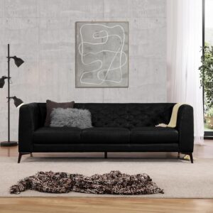 Havana Sofá 90" Mid-Century Moderno Capitoné Cuero Negro