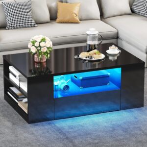YITAHOME Mesa Auxiliar Madera LED Almacenamiento Negro