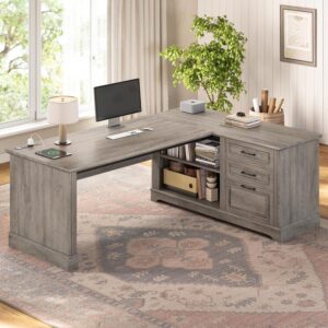 SEDETA Escritorio en L 61" Con Cajones Con Archivador Con Carga USB, Gris