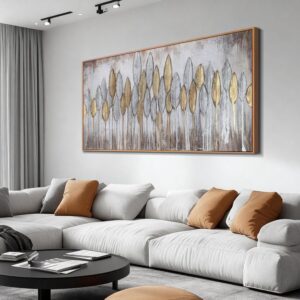 Acocifi Lienzo abstracto minimalista texturizado hojas, 58 x 29" con marco