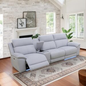 Sofá Reclinable 122" 3 Plazas Almacenamiento USB LED Consola Eléctrico Tela Gris