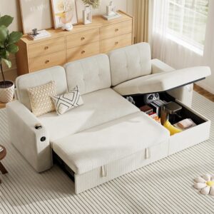 Sofá Cama 2 En 1 Extraíble 83 Pulgadas Pana Beige Almacenamiento USB Chaise
