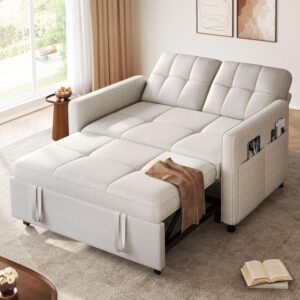 Sofá Cama Futón 3 En 1 Extraíble 55 Pulgadas Biplaza Lino Beige Respaldo Ajustable