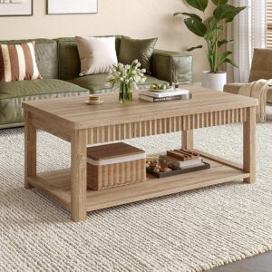 Homkdom Mesa de Centro Almacenamiento 2 Niveles Roble 39"