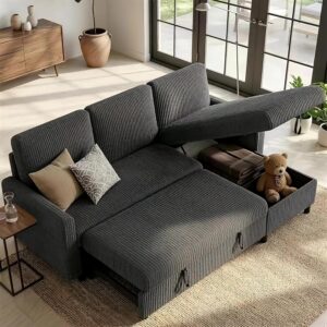 Sofá Cama Seccional Forma L 4 En 1 Extraíble Pana Gris Almacenamiento Chaise