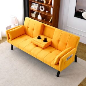 Sofá Cama 3 En 1 70 Pulgadas Biplaza Lino Amarillo Almacenamiento Portavasos