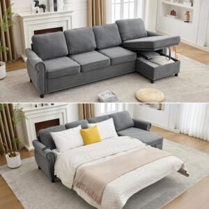 Sofá Cama Seccional Forma L Extraíble 106.5 Pulgadas 4 Plazas Gris Almacenamiento USB