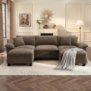 Sofá Seccional Forma U 123.6 Pulgadas 5 Plazas Felpilla Gris Chaise Otomana