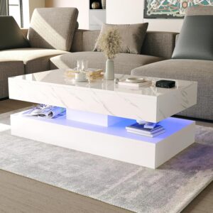 HOMFAMILIA Mesa Auxiliar Rectangular Mármol LED Blanco